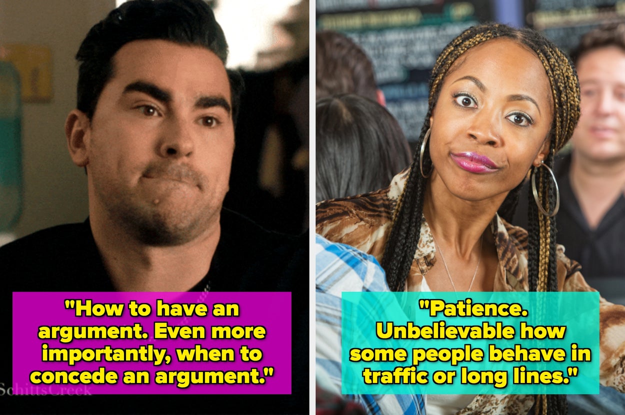 Two people reacting humorously. Left: Man thinking with text about having an argument. Right: Woman looking surprised with text about patience in traffic