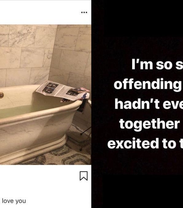 On the left, a bathtub with green water and a magazine; on the right, an apology text for causing offense