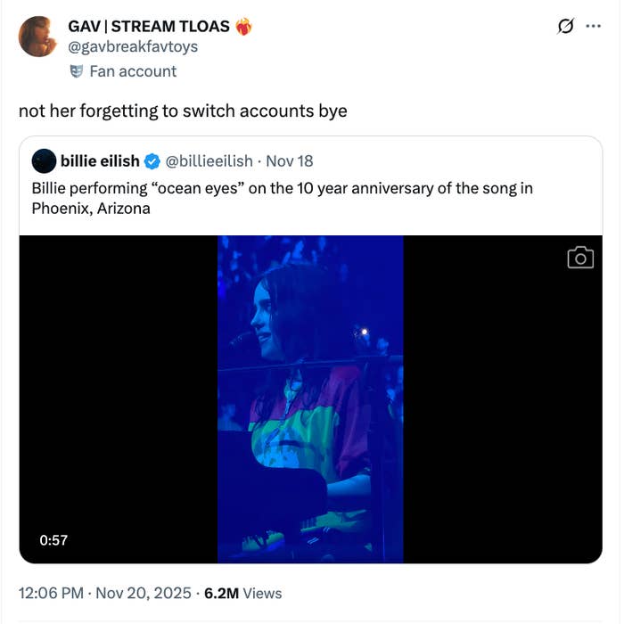 Screenshot of a tweet about Billie Eilish performing "Ocean Eyes" on its 10th anniversary in Phoenix, Arizona