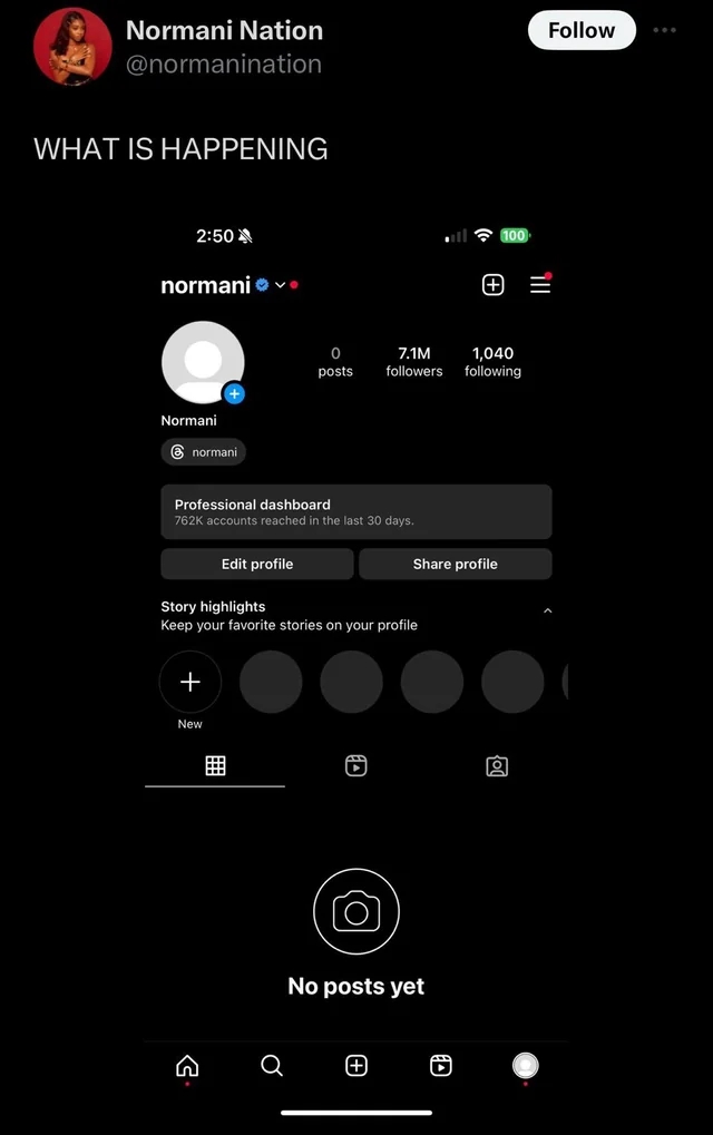 Screenshot of a social media profile page with a large following and no posts. The text asks, "WHAT IS HAPPENING."