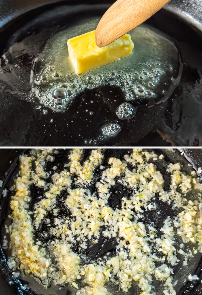 Butter melting in a pan, followed by garlic sautéing