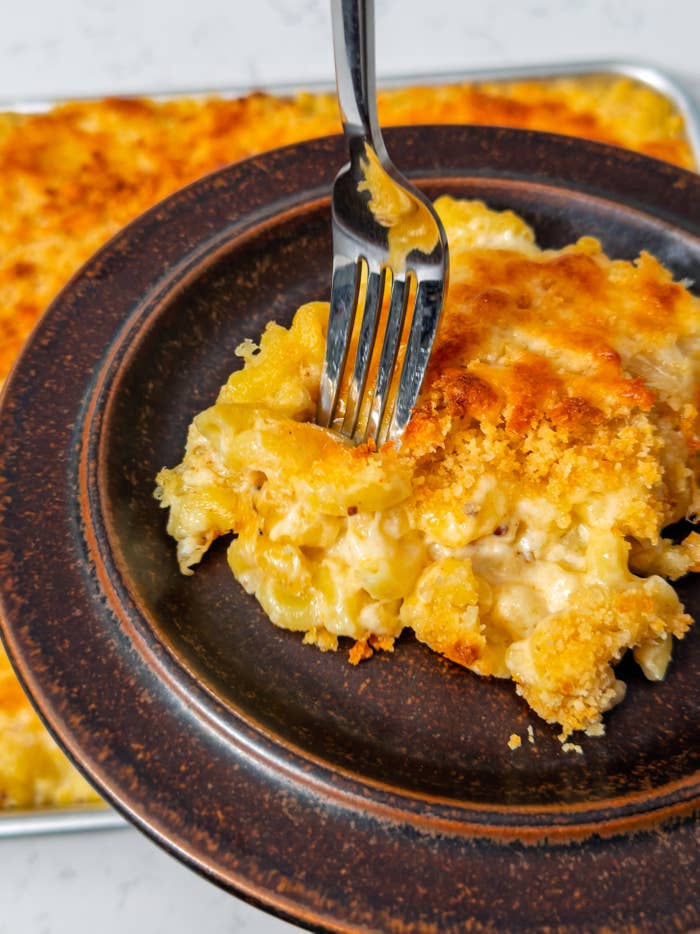 A fork above a plate of creamy baked macaroni and cheese with a crispy breadcrumb topping