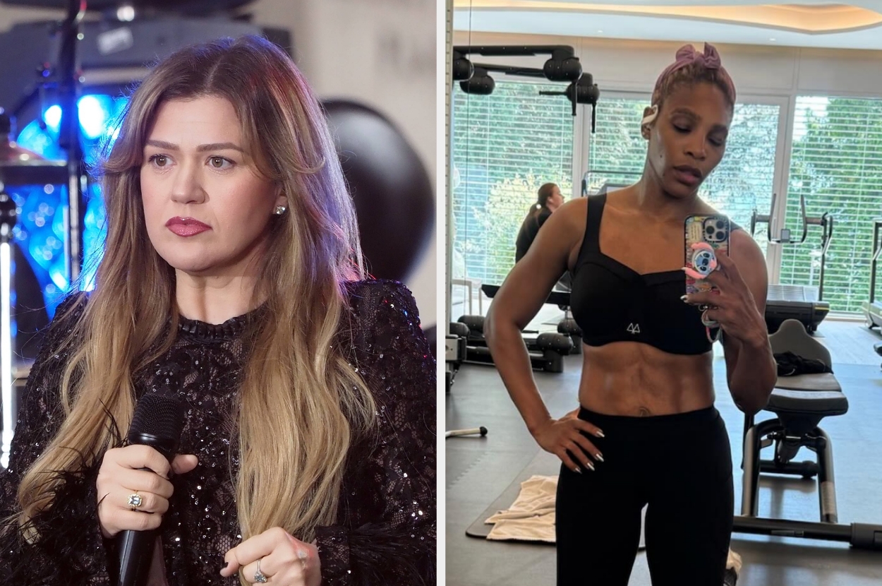 Left: Kelly Clarkson holding a microphone. Right: Serena Williams taking a gym selfie, wearing a black sports bra and leggings