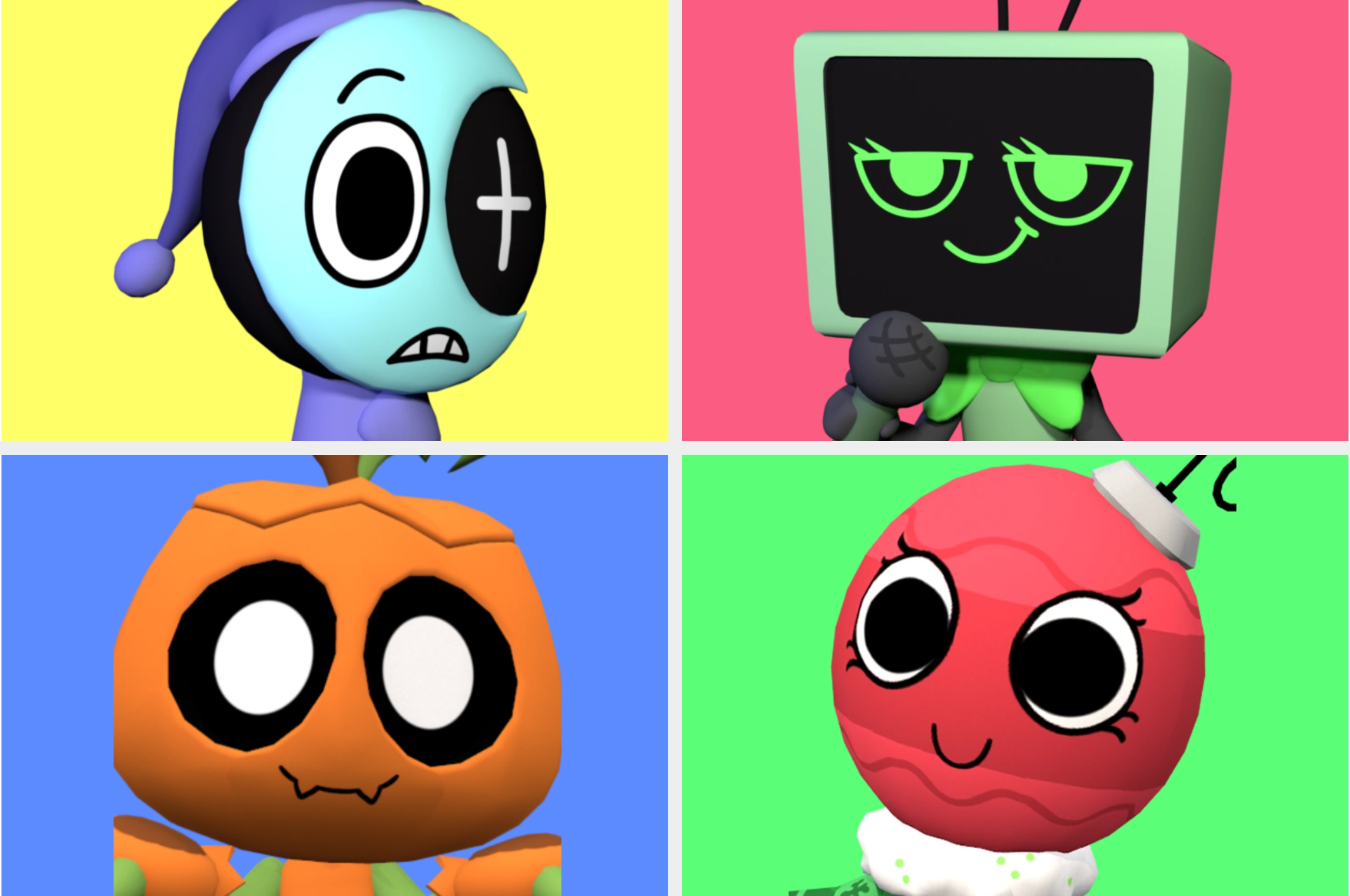 Four cartoon characters: Top-left, a round-faced figure with a sleepy cap; top-right, a TV-headed figure holding a microphone; bottom-left, a pumpkin face; bottom-right, a red ball with a chef's hat
