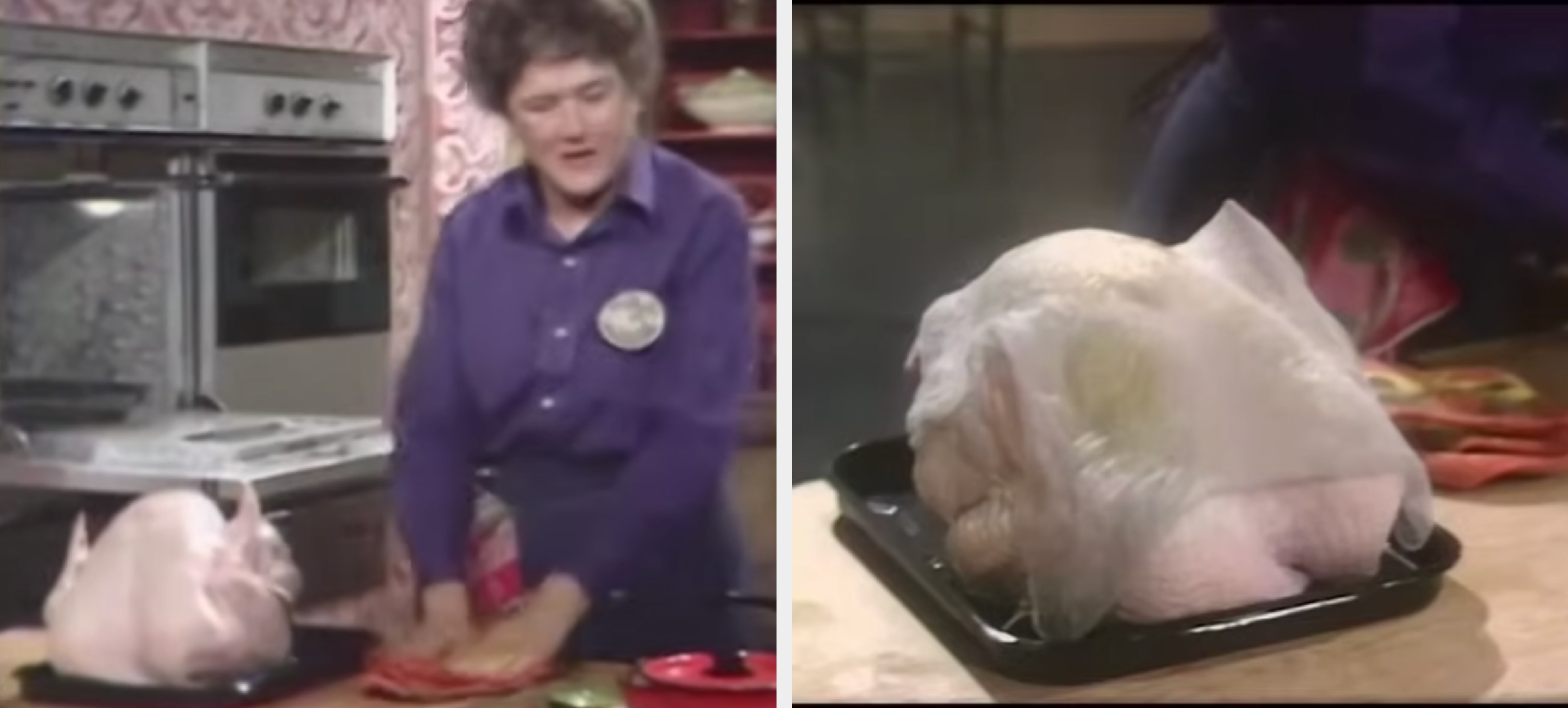 Uncooked turkey wrapped in plastic on a black tray on a kitchen counter. A person in the background is preparing ingredients