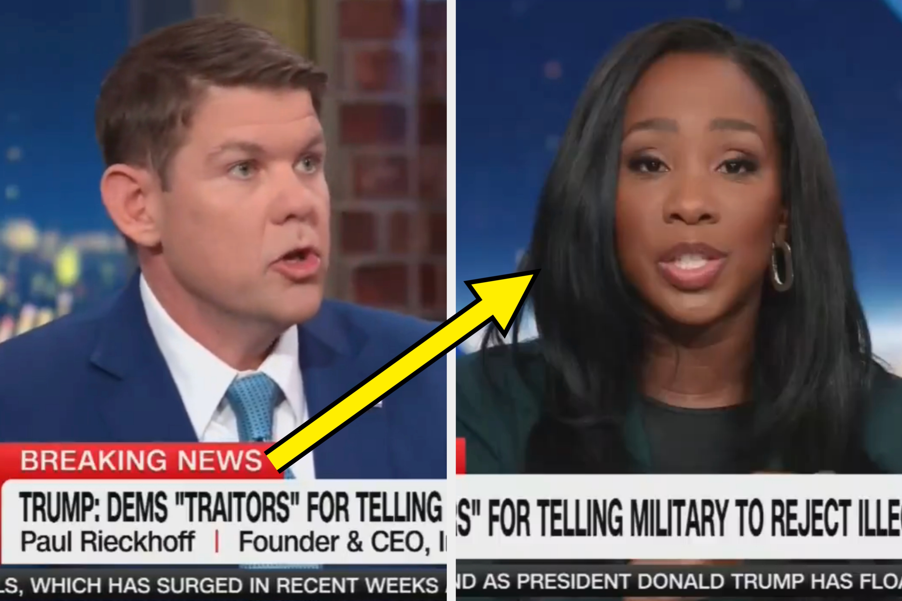 Two men engaged in a heated discussion on a news talk show, discussing a controversial topic, with a breaking news ticker at the bottom