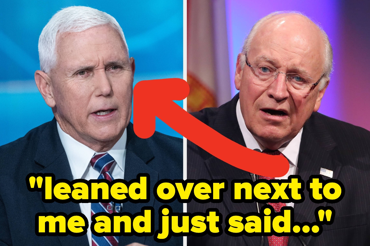 Two men in suits, each in a separate panel. A red arrow points between them. Text reads: "leaned over next to me and just said..."