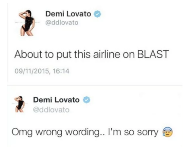 Image of tweets by Demi Lovato from 2015, apologizing for strong language about an airline incident