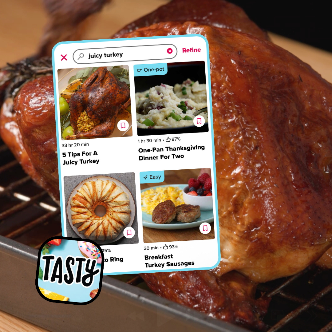 Smartphone displaying turkey recipes app over roasted turkey; screen shows various recipes like &quot;5 Tips For A Juicy Turkey&quot; and &quot;Breakfast Turkey Sausages.&quot;