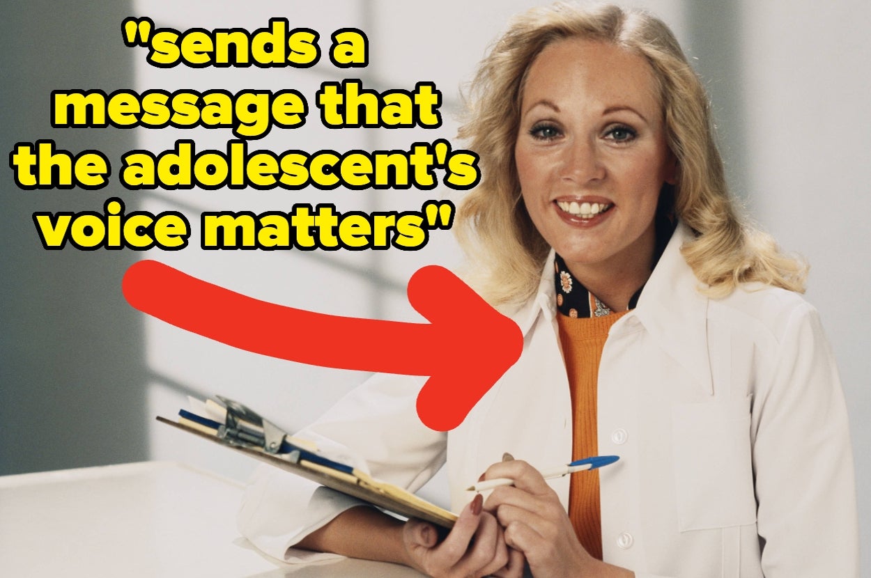 Person holding clipboard, smiling, with text: "sends a message that the adolescent's voice matters."