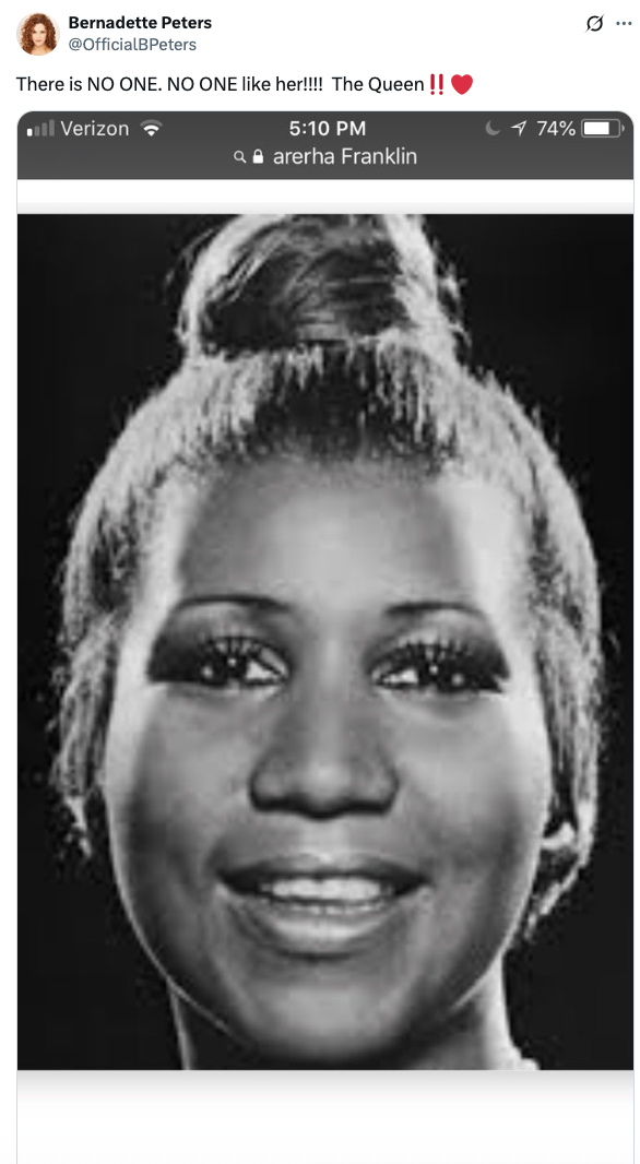 Black and white portrait of a woman with a high bun and smiling face, shared in a tribute tweet by Bernadette Peters
