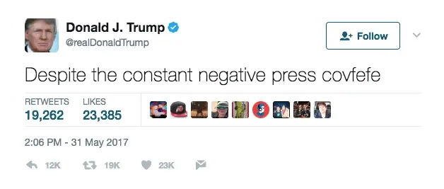  "Despite the constant negative press covfefe," with high retweets and likes on 31 May 2017