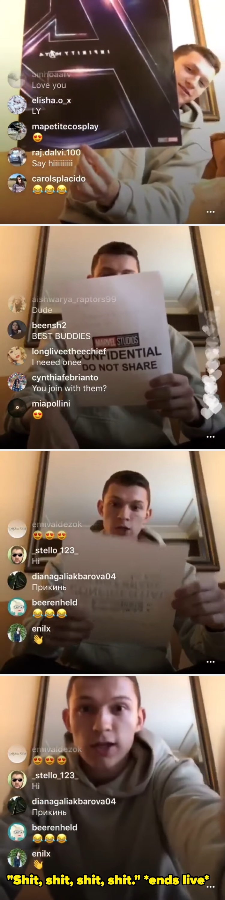 Person holding a poster with a movie logo, during a live video; comments from viewers are visible on the screen