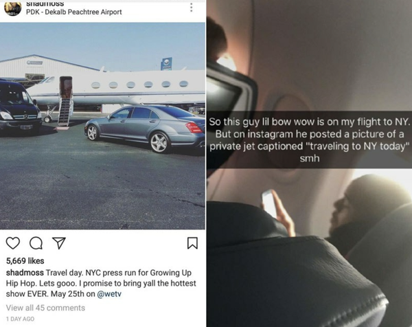  Left shows Instagram post of a private jet; right shows someone on a commercial flight. User questions inconsistency of travel claim