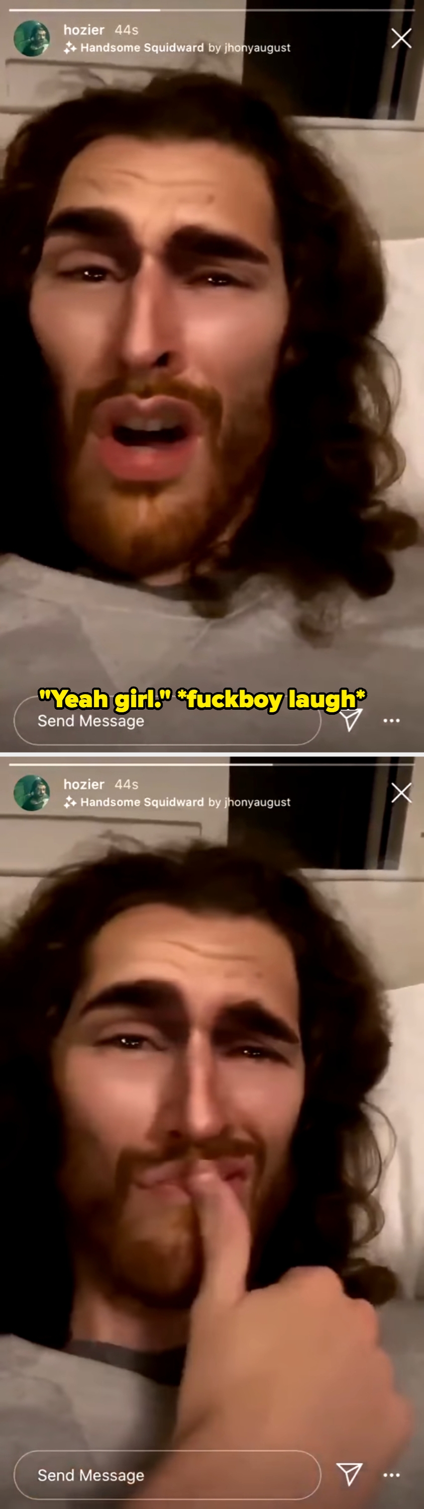 Person with long hair and beard making an expressive face, lying down. Text filters overlay