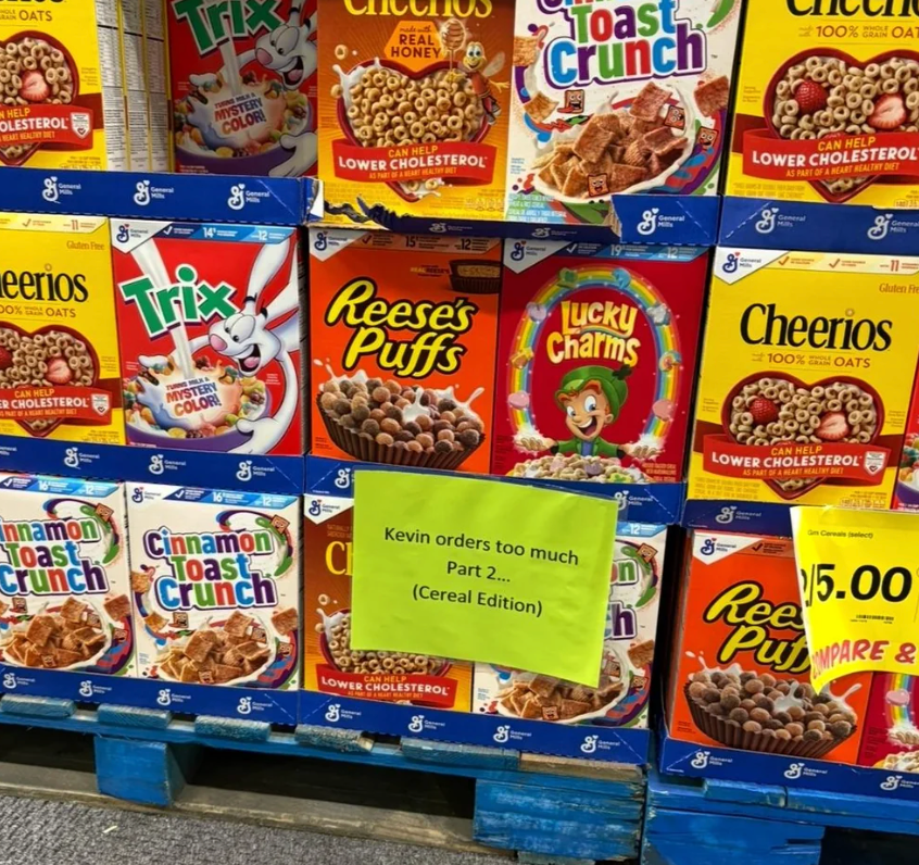 Grocery store   show  featuring assorted  cereal boxes, including Trix, Reese's Puffs, and Lucky Charms, with a humorous motion   astir  excessive ordering