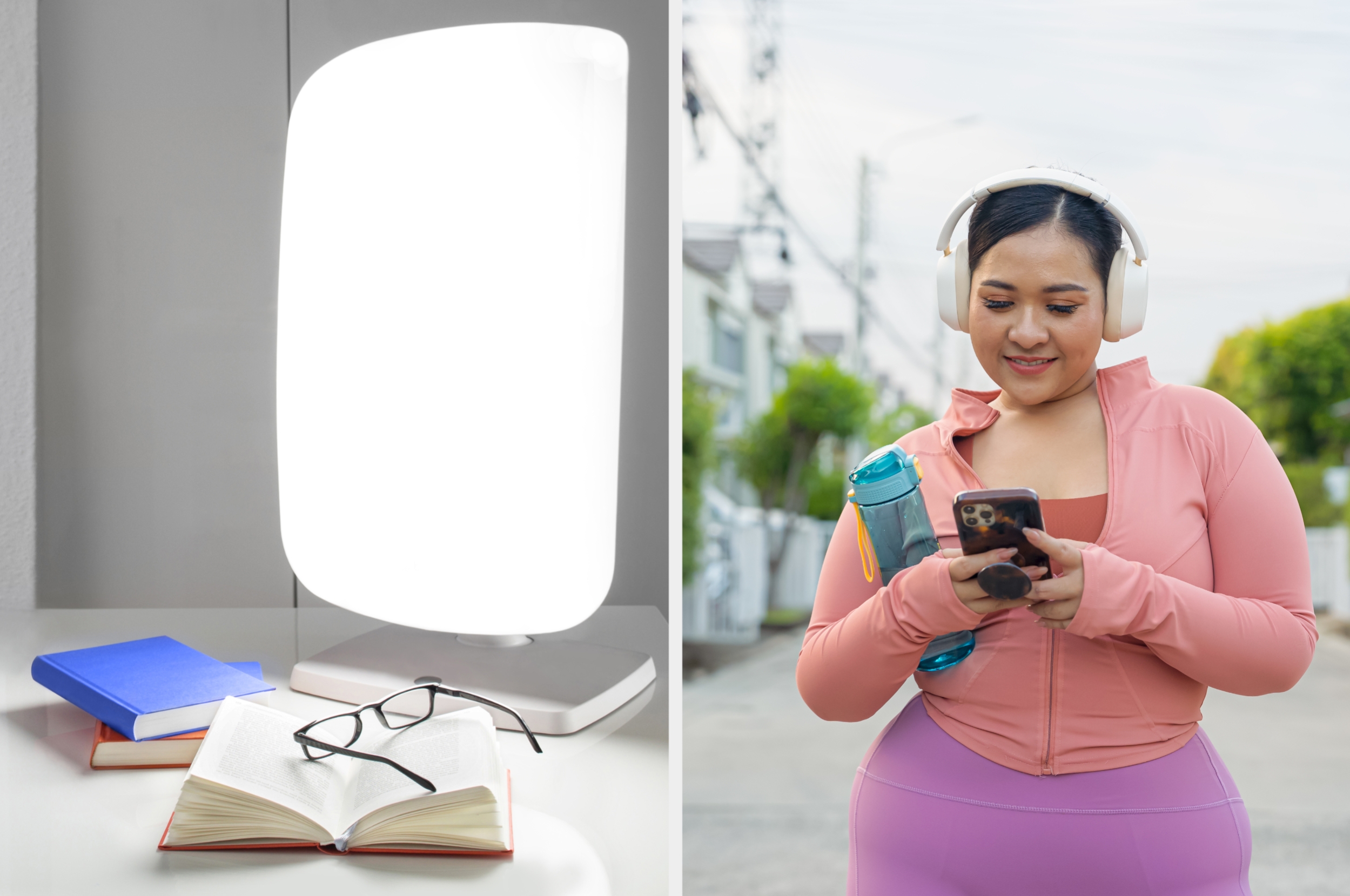 Til venstre: Åpen bok med briller og notatbøker ved siden av et sterkt lyspanel. Høyre: Person i idrettstøy med hodetelefoner som holder en telefon og vannflaske utendørs