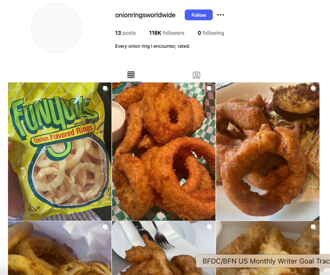 Collage of onion rings and Funyuns bag from an Instagram account, onionringsworldwide, featuring 118k followers