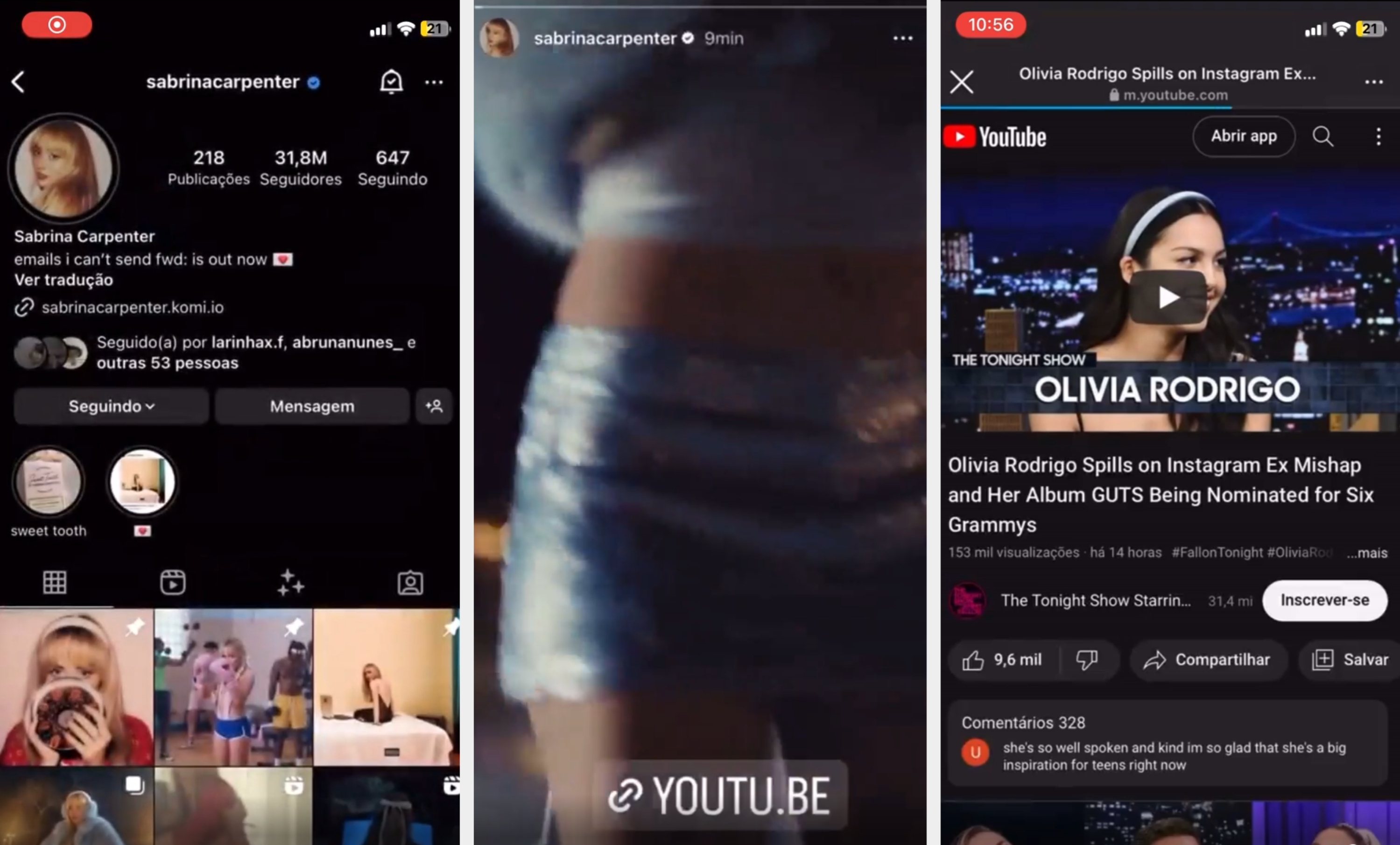 Screenshot of a social media profile showing the name "Sabrina Carpenter" with follower and post details, and several video thumbnails