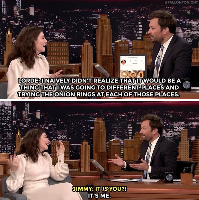 Lorde humorously shares her onion ring quest with Jimmy Fallon on a late-night talk show set