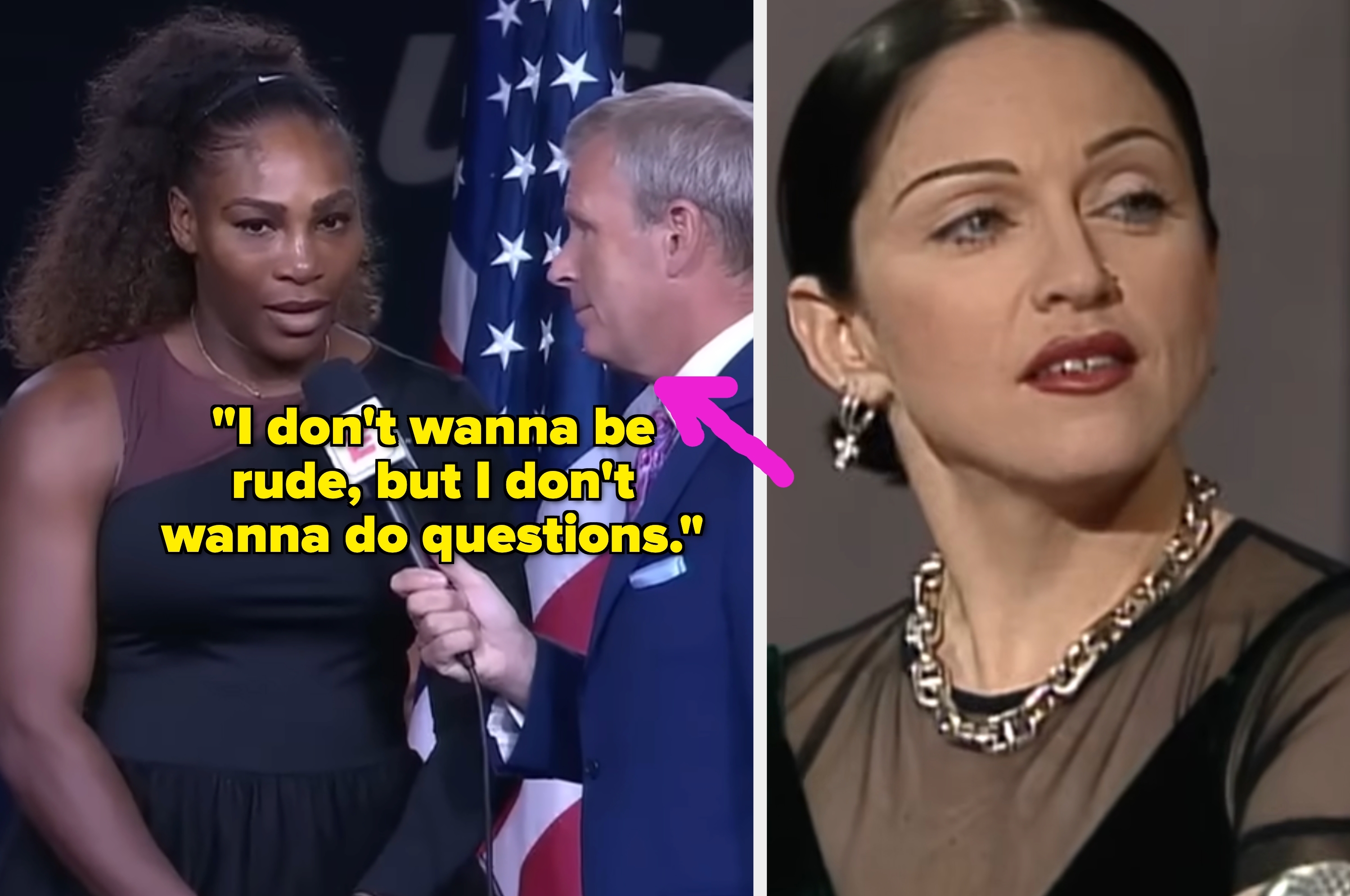 Serena Williams at the 2018 US Open; Madonna on "Late Night with David Letterman"