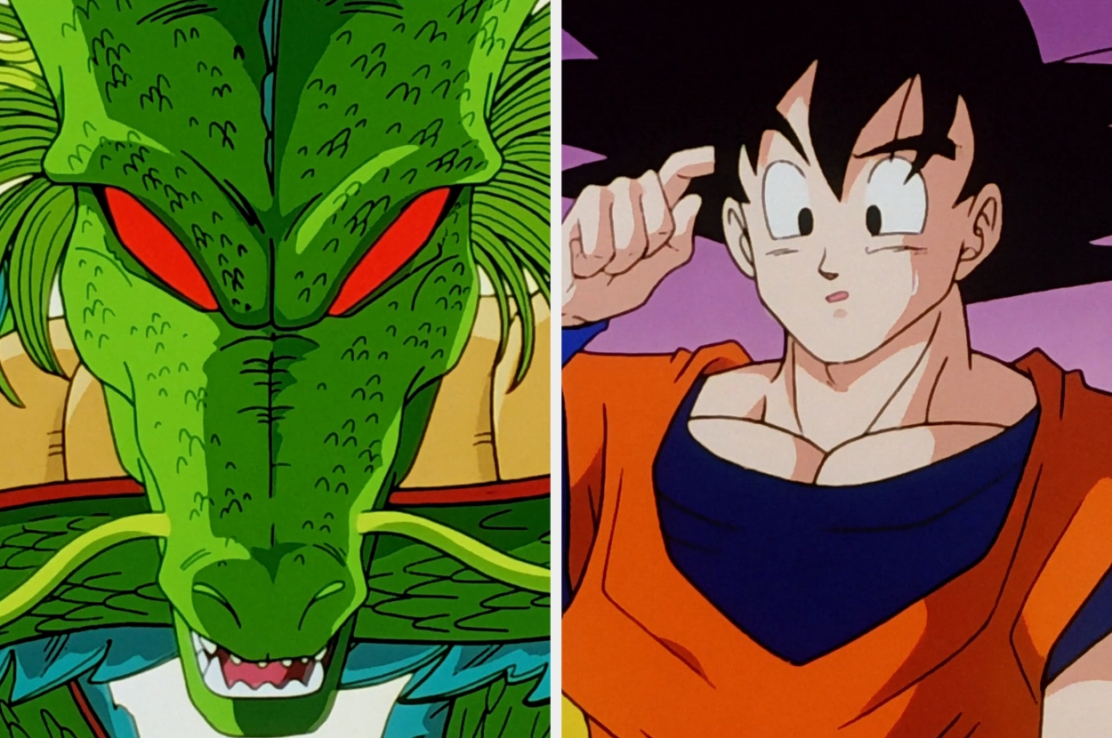 Shenron, a green dragon, and Goku, an animated character in an orange outfit, from a popular anime series