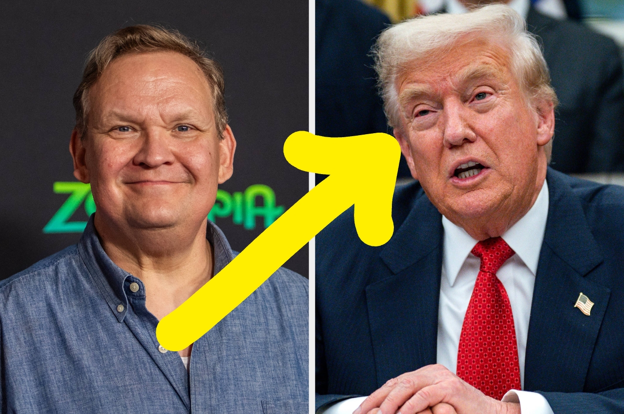 Two men are shown side by side. The man on the left wears a casual shirt, and the man on the right, a suit. A large yellow arrow points between them