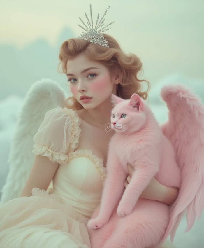 Persona con vestido elegante y tiara de perlas sostiene un gato rosa con alas. Ambos tienen un aire angelical, en un ambiente etéreo y suave