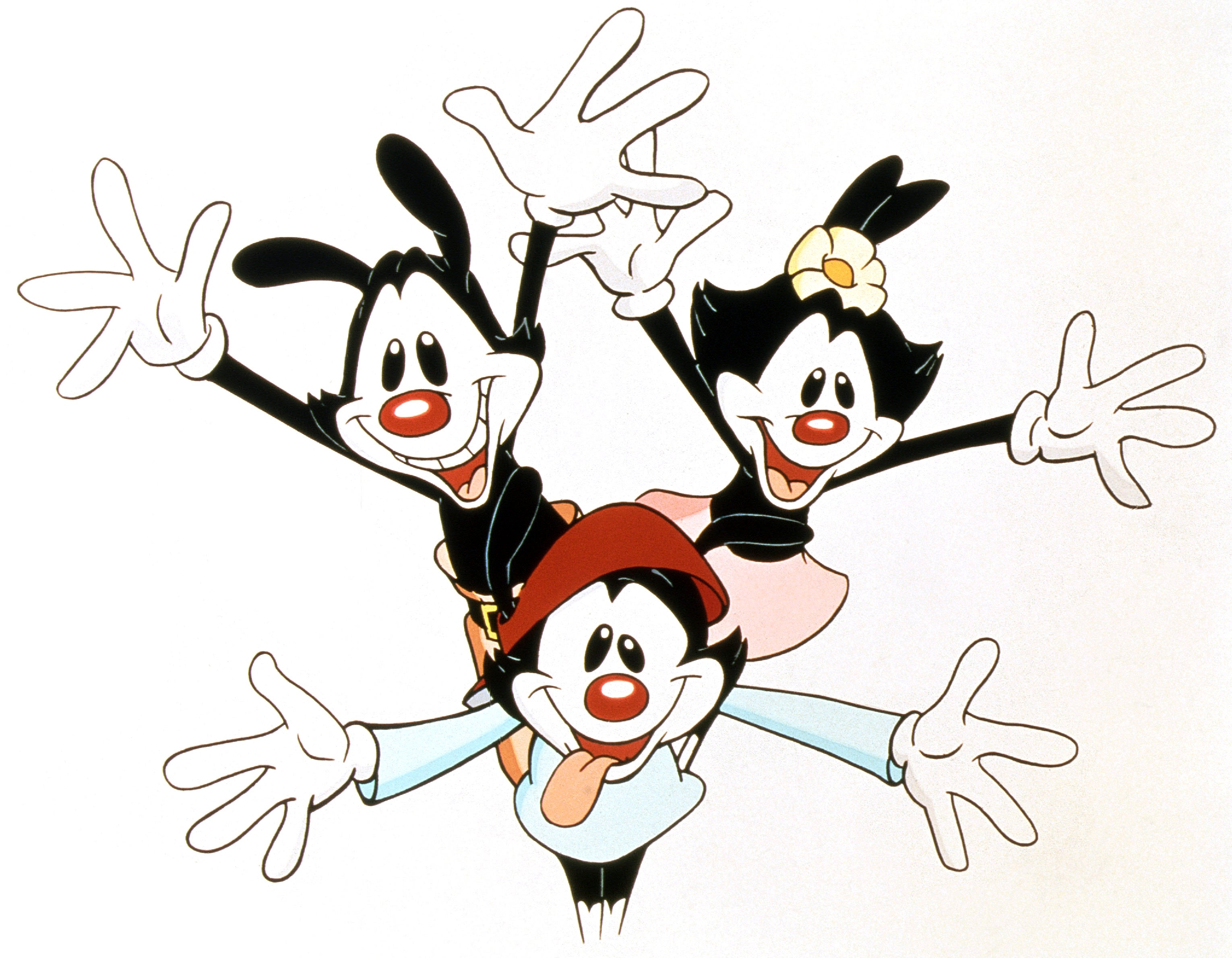 Three animated characters with big smiles, wide eyes, and outstretched arms. They're each wearing distinctive hats or bows, radiating playful energy