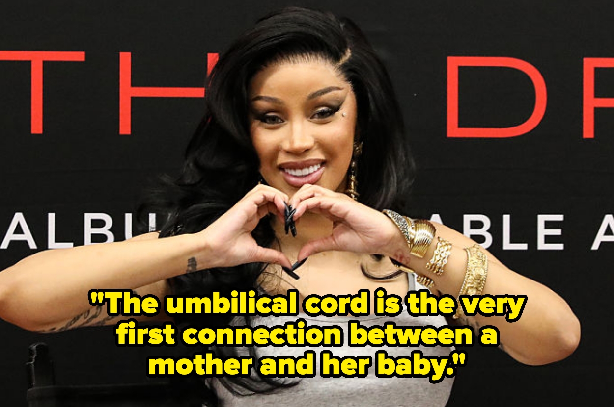 Person on stage shapes hands into a heart, with a quote about the umbilical cord being the first connection between mother and baby