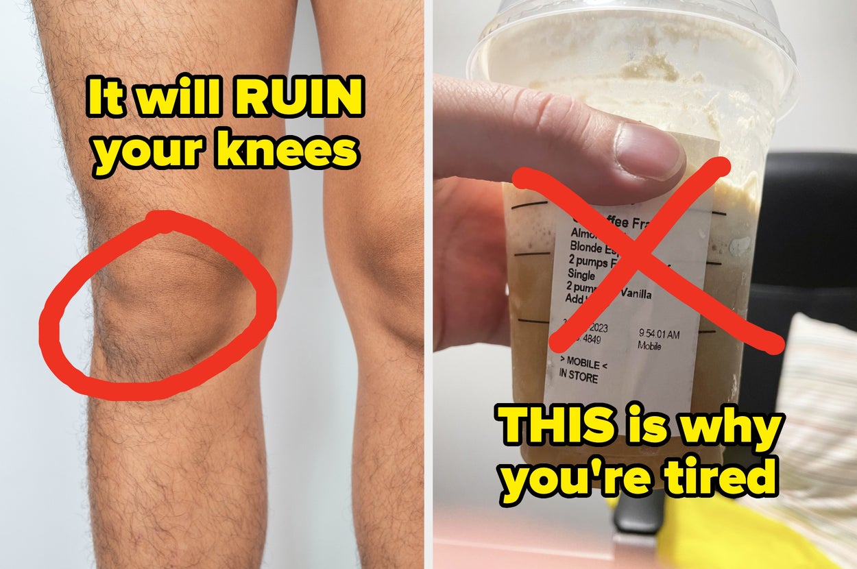 On the left, a knee with a warning about damage; on the right, a coffee cup with a message linking it to tiredness