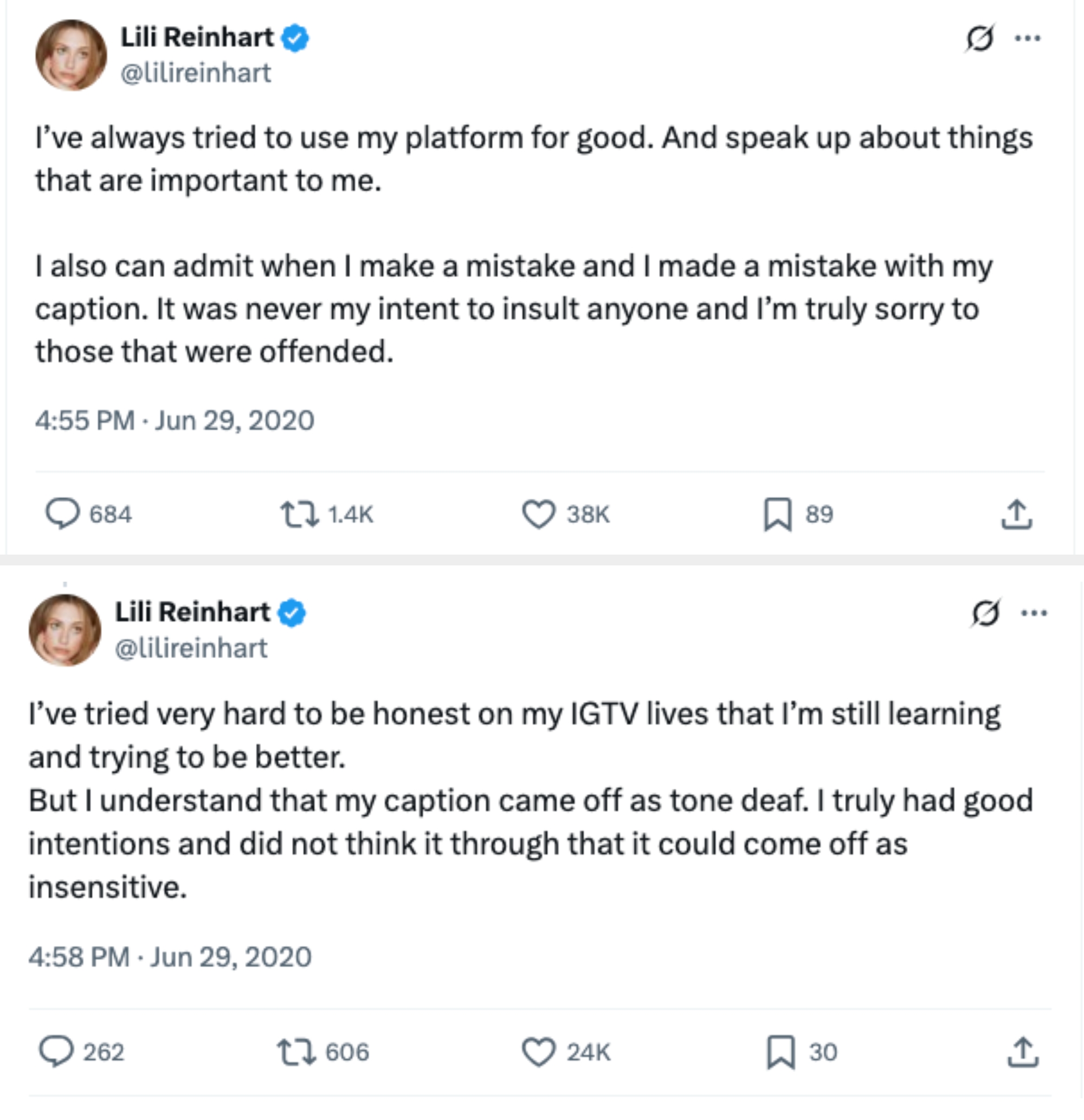 Lili Reinhart's tweet apologizing for a caption mistake and emphasizing the use of her platform for good, dated June 29, 2020