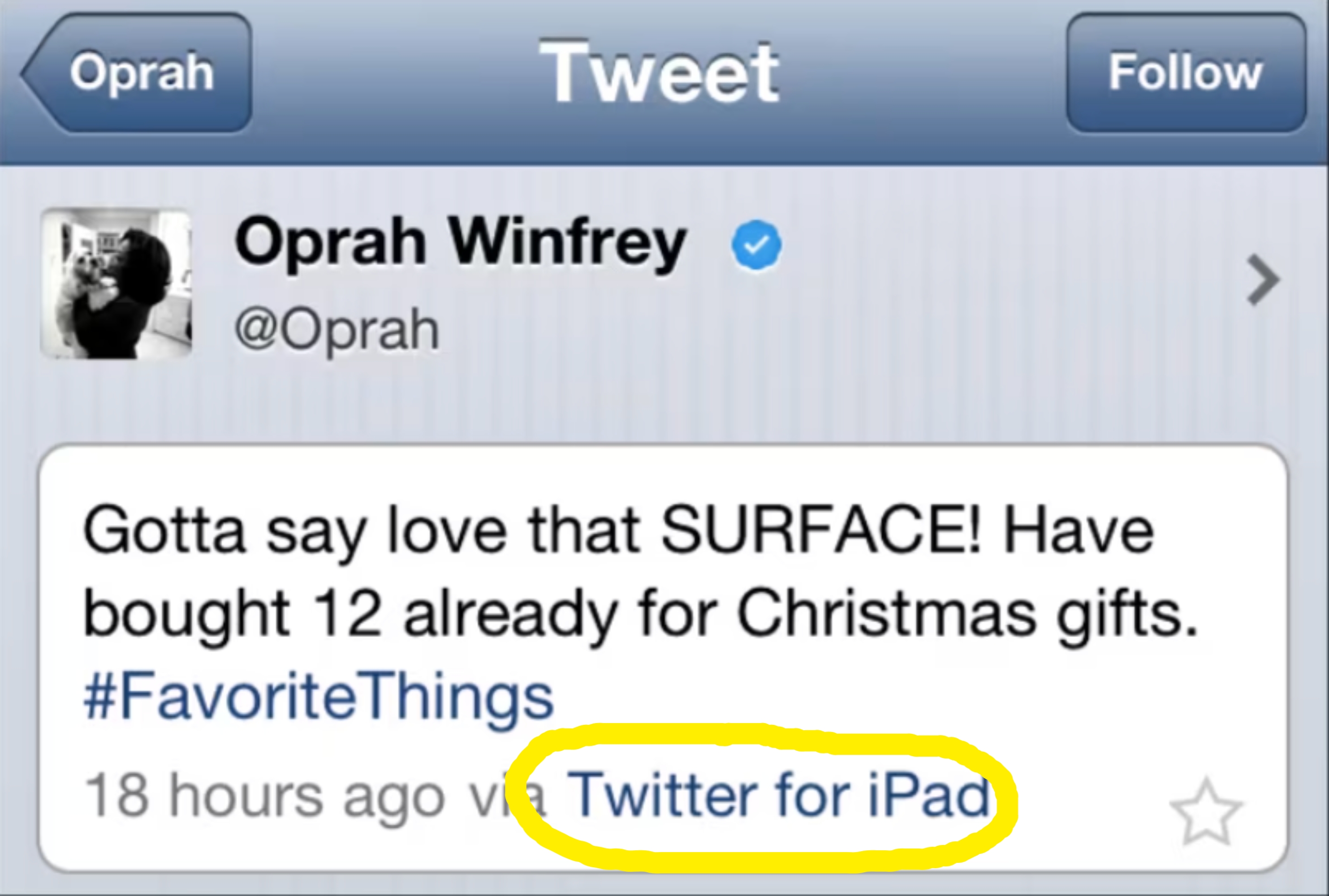 Screenshot of Oprah Winfrey's tweet praising the Microsoft Surface, mentioning buying 12 for Christmas gifts