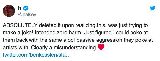 Halsey posts a tweet explaining a deleted joke, clarifying no harm was intended and it was a misunderstanding