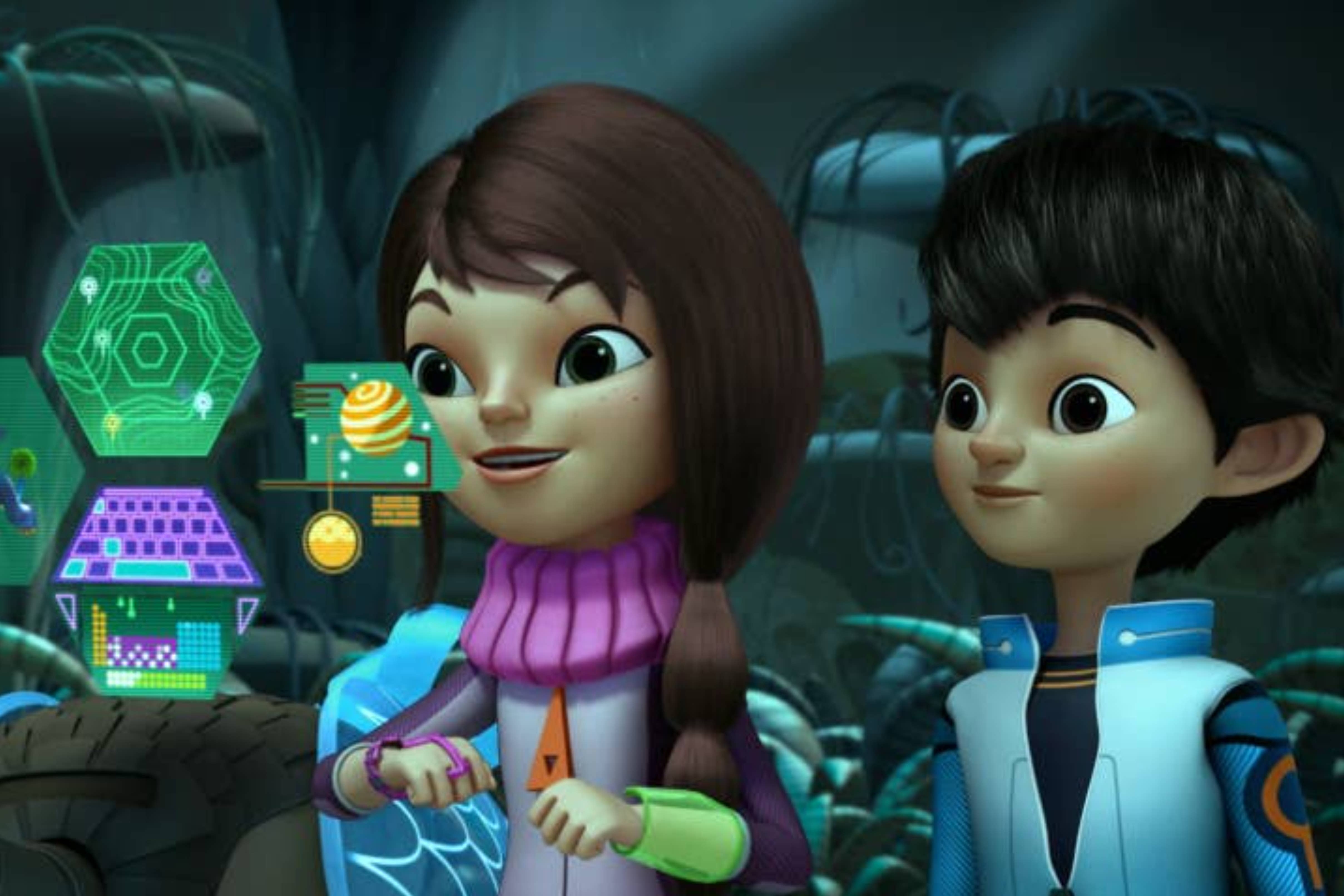 Girl eats popcorn with two seniors watching TV, holding bowls of popcorn, in a cozy living room setting