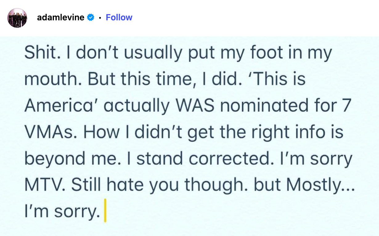 Apology post where the person admits to incorrect information about VMAs, apologizes to MTV, and expresses regret for the mistake