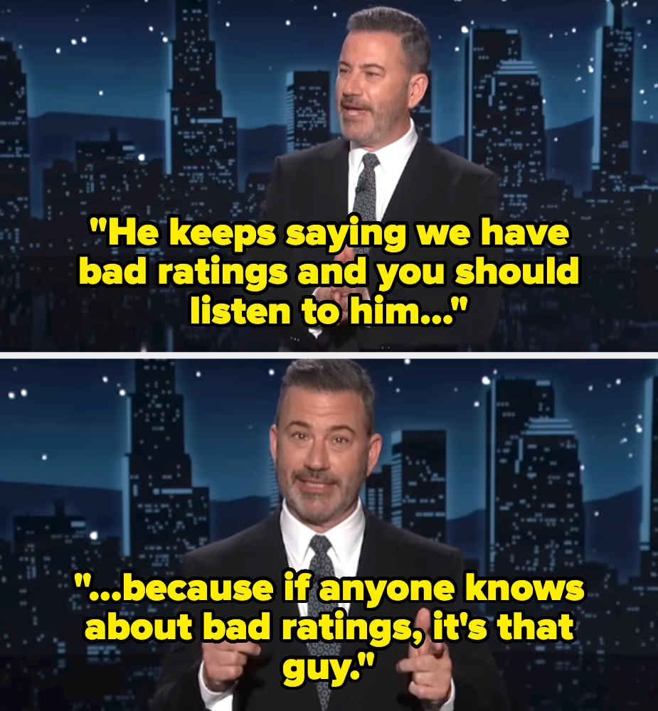 A person in a suit on a talk show set, with humorous text about bad ratings