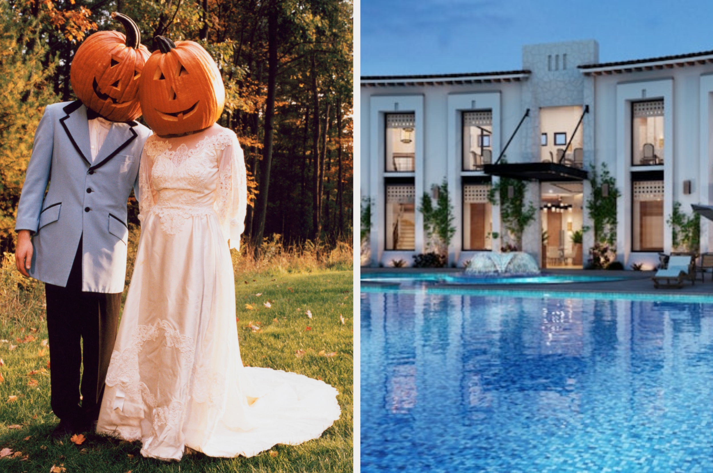 A couple with pumpkin heads poses in wedding attire outdoors; beside, a luxurious house with a pool is shown