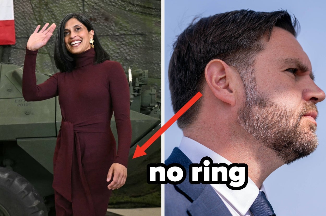 Usha Vance in a turtleneck dress waves vs JD Vance's profile