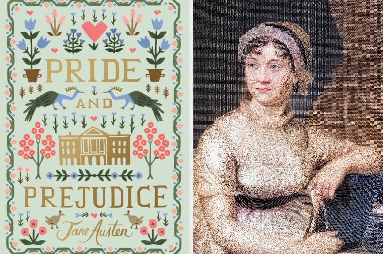 "Pride and Prejudice" book cover featuring a decorative design and portrait of a Jane Austen in early 19th-century attire holding a book