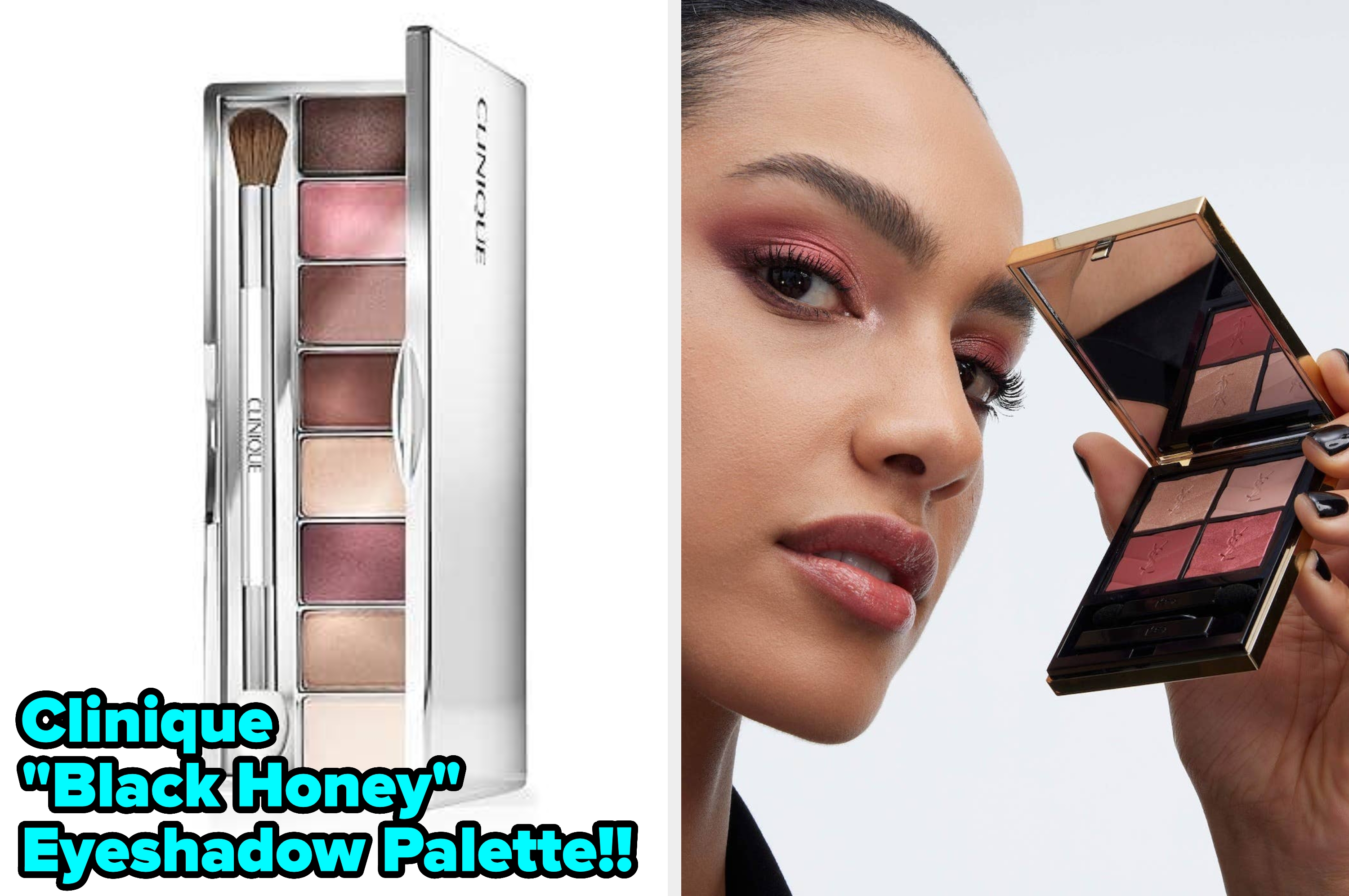 Clinique "Black Honey" eyeshadow palette with 8 shimmer and matte shades, shown with a woman applying it