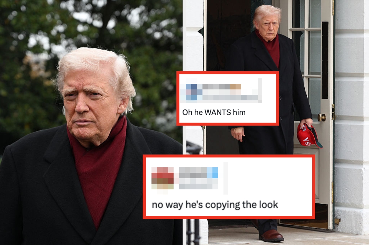 A person with blond hair is wearing a dark coat and red scarf. Text boxes display humorous comments about mimicking this look