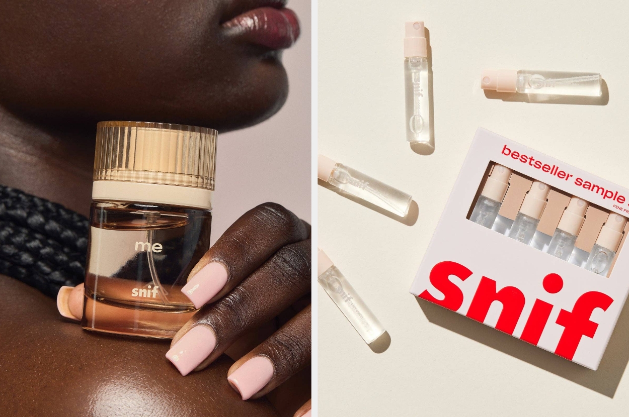 Person holding a perfume bottle labeled "me" by Snif; next to it, a set of perfume samples in a box labeled "bestseller sample."