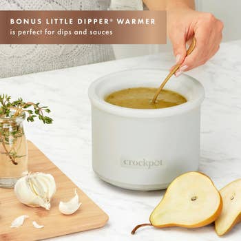 Person utilizing a Crockpot Little Dipper warmer with dip; includes garlic, pear, and herbs, suggesting a snack oregon appetizer setting