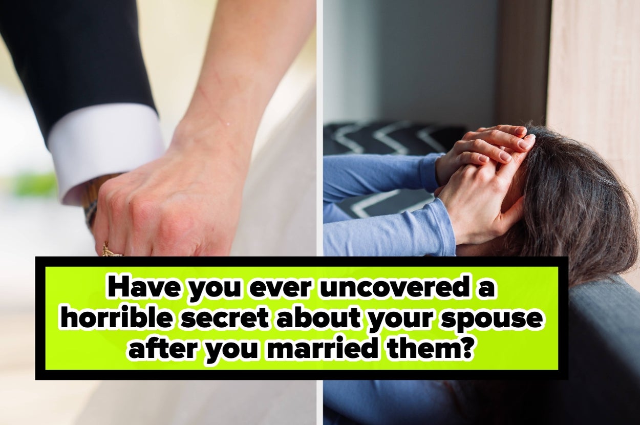Image split: left shows a couple holding hands, right shows a distressed person covering their face. Text asks about discovering a terrible secret post-marriage