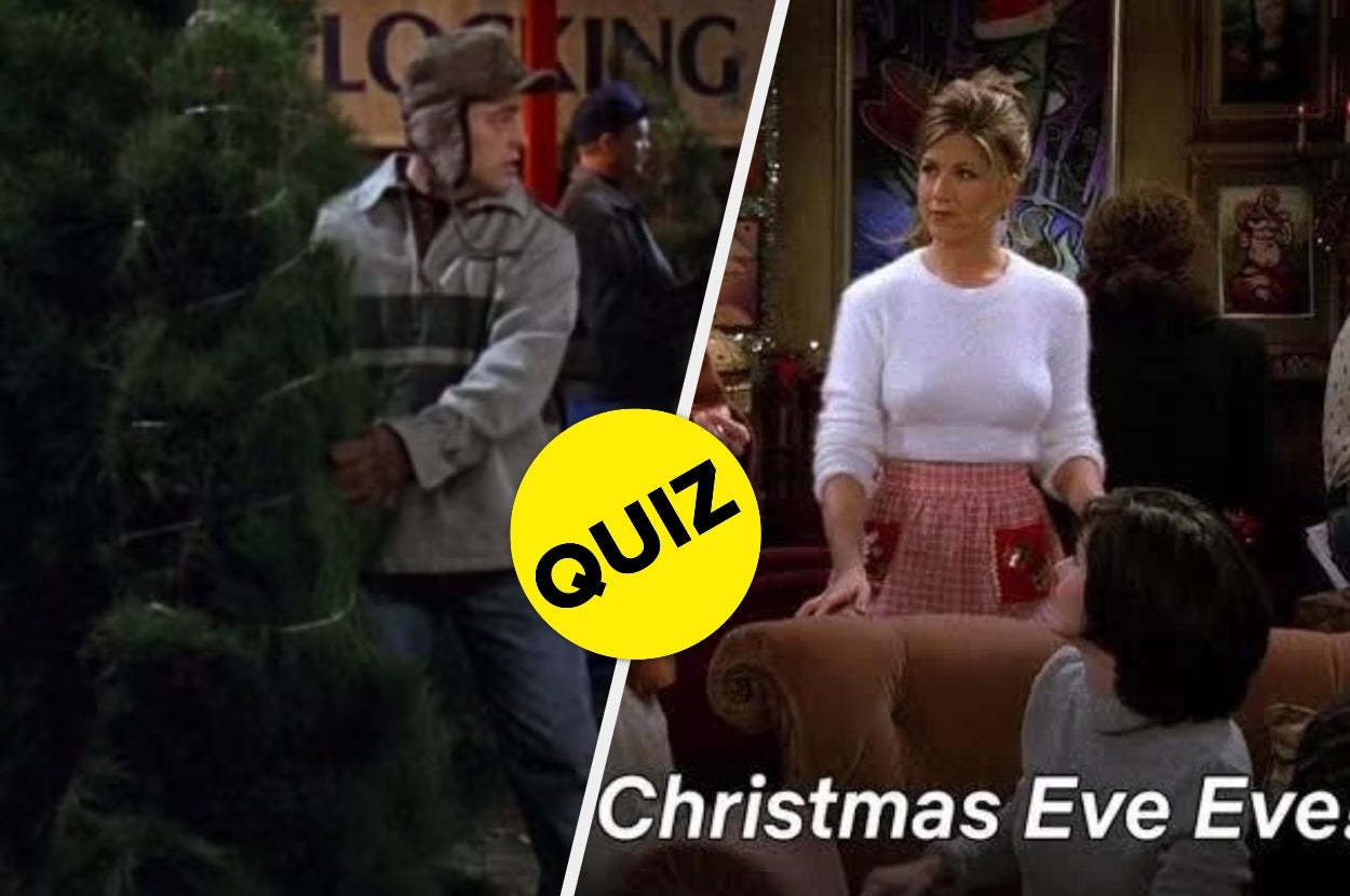 Left: Someone carrying a Christmas tree in a holiday scene. Right: Sitcom character in a white top and red skirt, with overlay text "Christmas Eve Eve." Quiz prompt overlay
