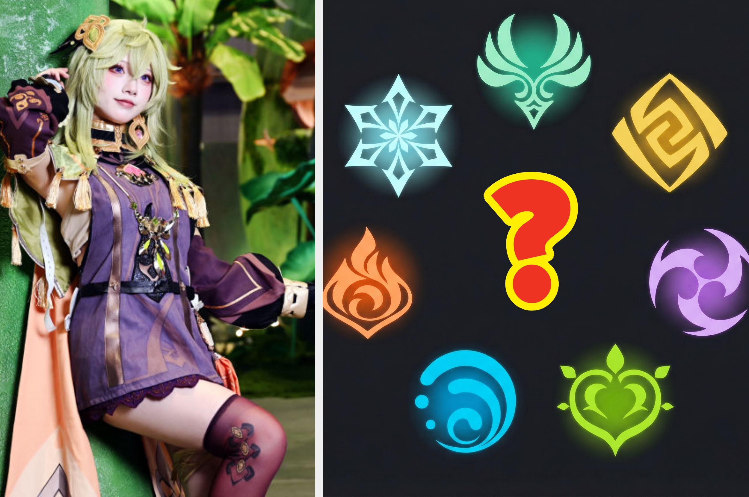 Person in elaborate fantasy costume next to icons representing various elemental powers