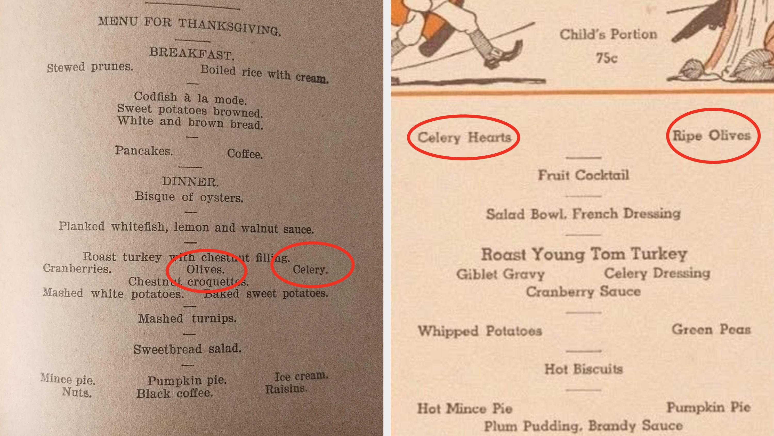 Vintage Thanksgiving dinner menu from Eaton’s, 1937, featuring roast turkey with sides like whipped potatoes, green peas, and dessert options