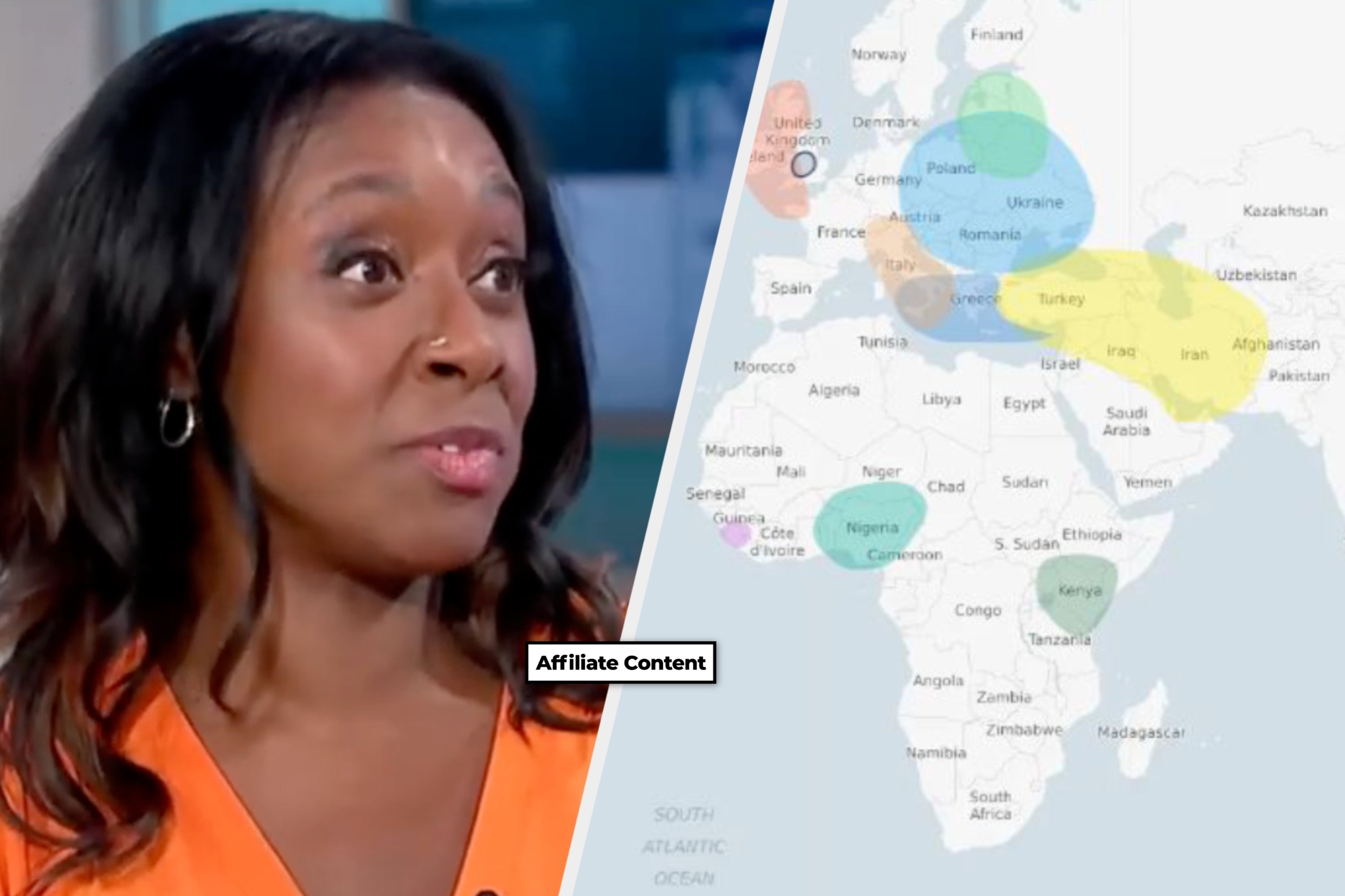 Person on left speaks; right shows a world map with colored regions highlighting different countries and areas