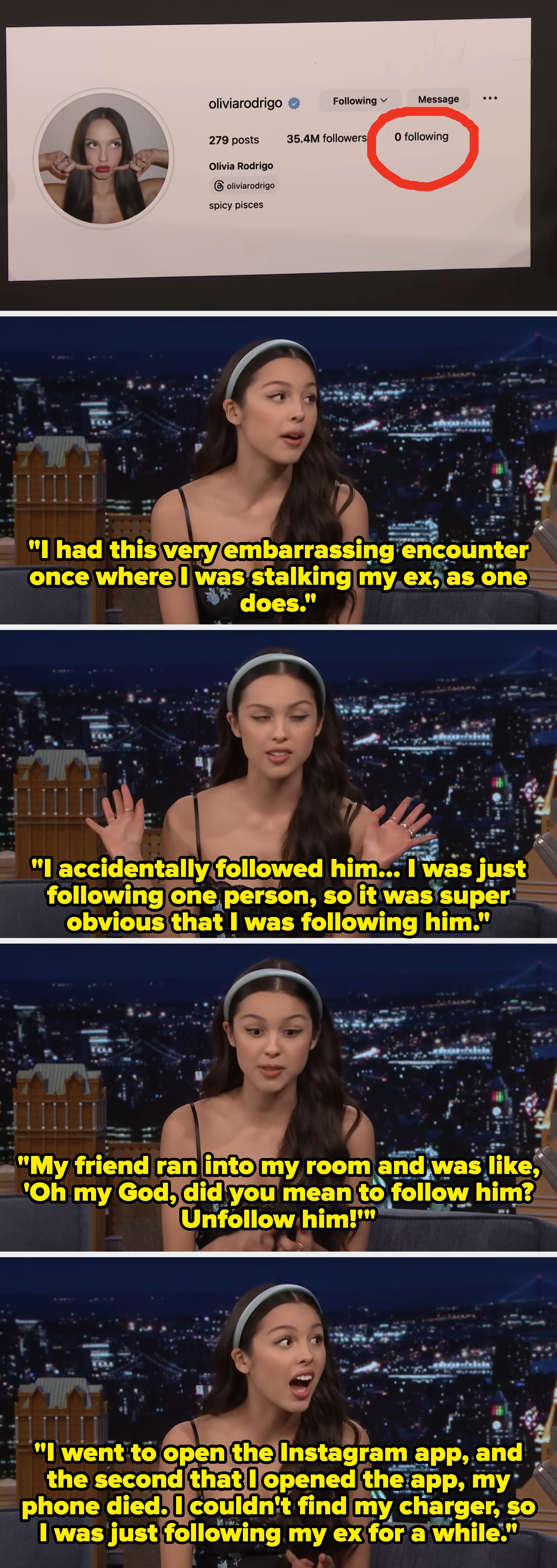 Instagram profile screenshot of a person named Olivia Rodrigo with 35.4M followers and the bio "spicy pisces."